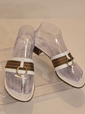 Montego Bay Club White and Brown Striped Ring-Accent Women's Slide Sandals